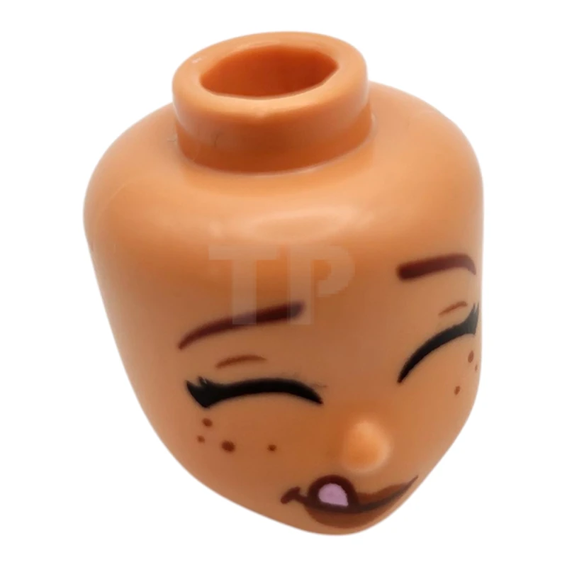 LEGO&reg; 6520276 - 110361 - Mini Doll, Head Friends with Reddish Brown Eyebrows Raised, Black Eyelashes, Closed Eyes, Dark Orange Lips and Freckles, Lopsided Grin with Bright Pink Tongue Sticking Out Pattern