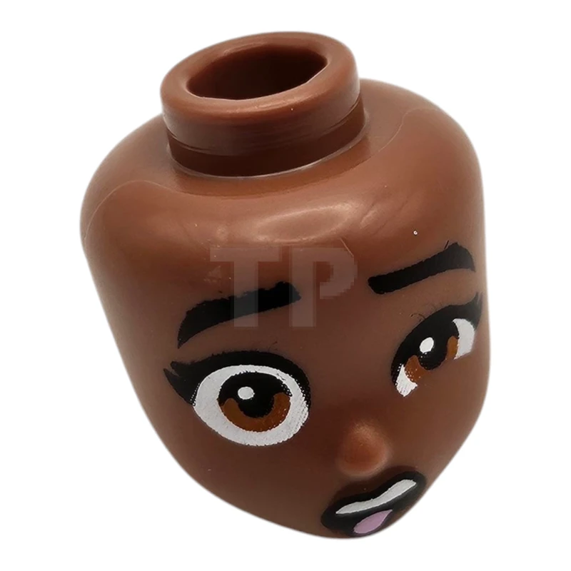 LEGO&reg;  - 110363 - Mini Doll, Head Friends with Black Thick Eyebrows Raised, Eyelashes, Dark Orange Eyes, Reddish Brown Lips, Disgusted Open Mouth with Top Teeth and Bright Pink Tongue Sticking Out Pattern