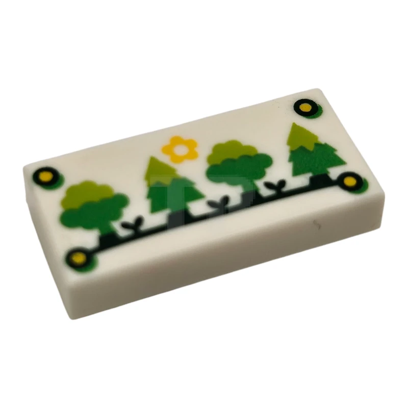 LEGO&reg; 6523533 - 3069pb1313 - Tile 1 x 2 with Yellow Flower Sun and Nails and Lime, Bright Green, and Dark Green Trees Pattern