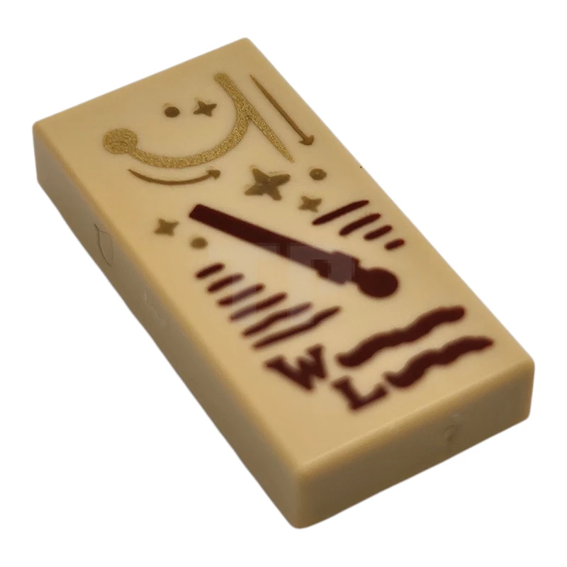 LEGO&reg; 6516454 - 3069pb1321 - Tile 1 x 2 with Reddish Brown Wand, Capital Letter W, L, and Wingardium Leviosa Spell Scribbles, Dark Tan Sparkles and Arrows, Gold Swish and Flick Pattern