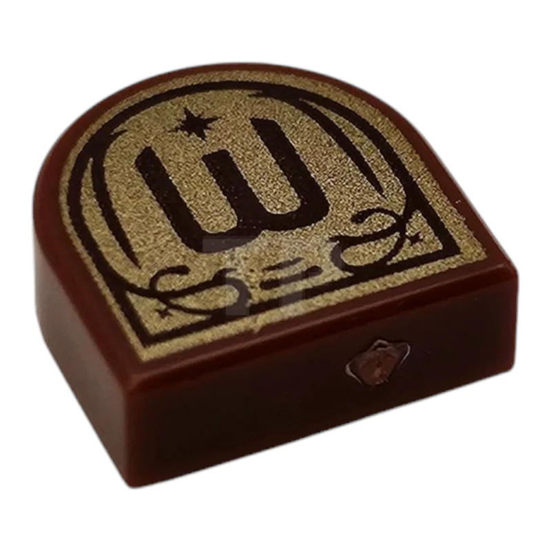 LEGO&reg; 24246pb053 - 6523421 - Tile, Round 1 x 1 Half Circle Extended with Dark Brown Letter E / M / W in Ornate Frame on Gold Background Pattern