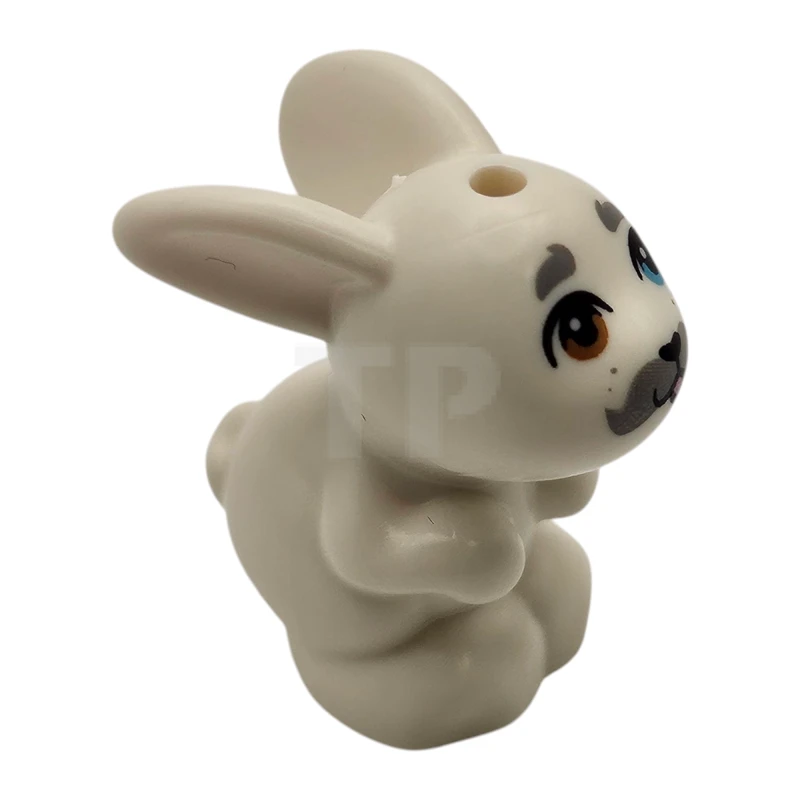 LEGO&reg; 6481605 - 34050pb05 - Bunny / Rabbit, Friends Style, Sitting with Medium Azure Left Eye and Medium Nougat Right Eye, Black Nose and Open Mouth with Bright Pink Tongue, Light Bluish Gray Eyebrows, Whisker Dots and Moustache Pattern (Amos)