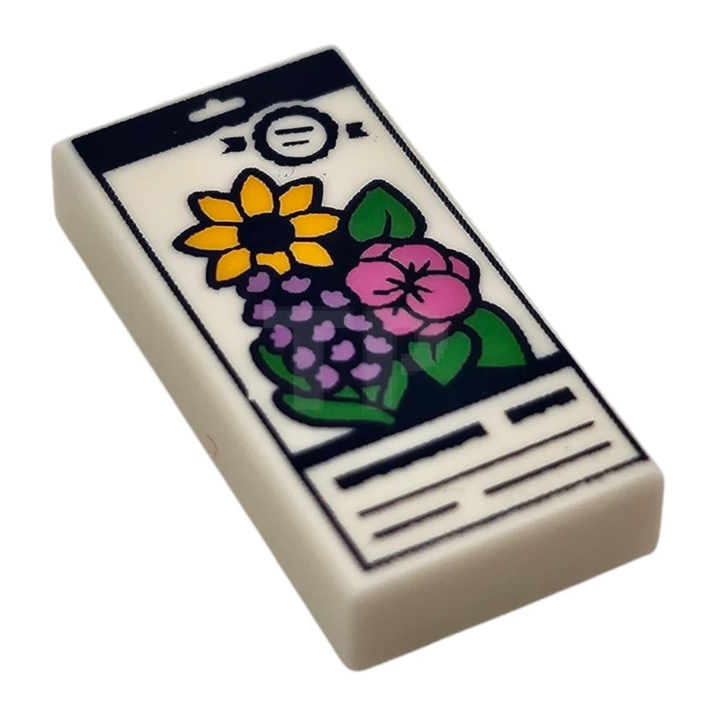 LEGO&reg; 3069pb1326 - 6520142 - Tile 1 x 2 with Seed Packet with Dark Blue Lines and Bright Light Orange, Dark Pink and Medium Lavender Flowers with Bright Green Leaves Pattern