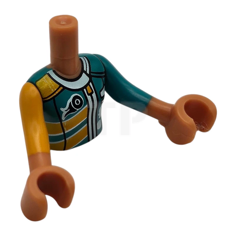 LEGO&reg; 6258941 - FTGpb189c01 - Torso Mini Muñeca Niña Naranja Claro Brillante y Turquesa Oscuro Patrón Chaqueta de Carreras, Turquesa Medio Brazos con Manos con Naranja Claro Brillante Manga Derecha, Turquesa Oscuro Manga Izquierda