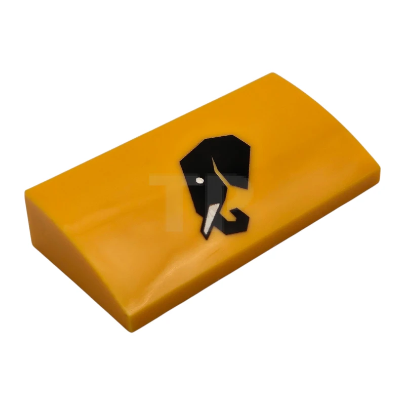 LEGO&reg; 6520697 - 88930pb187 - Slope, Curved 2 x 4 x 2/3 with Bottom Tubes with Black Elephant Head Profile with White Eye and Tusk Pattern