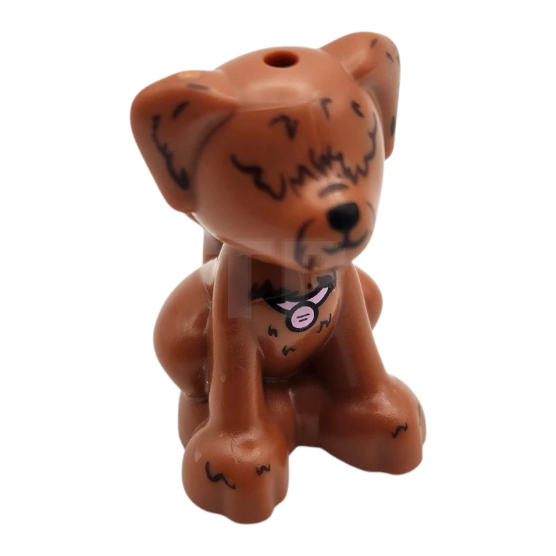 LEGO&reg;  - 27986pb04 - Dog, Friends Style, Labrador / Labradoodle, Sitting with Black Nose and Mouth, Dark Brown Hair over Eyes and Bright Pink Collar with Name Tag Pattern (Guba)