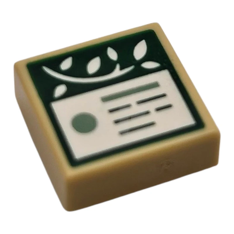 LEGO&reg; 6507710 - 3070pb367 - Tile 1 x 1 with White Vine and Information Plaque with Sand Green Bar and Dot and Writing / Lines on Dark Green Background Pattern
