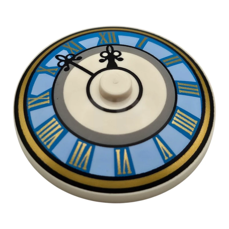 LEGO&reg; 6526507 - 3960pb079 - Dish 4 x 4 Inverted (Radar) with Solid Stud with Bright Light Blue and Dark Azure Clock Face with Black Hands and Gold Roman Numerals and Border Pattern