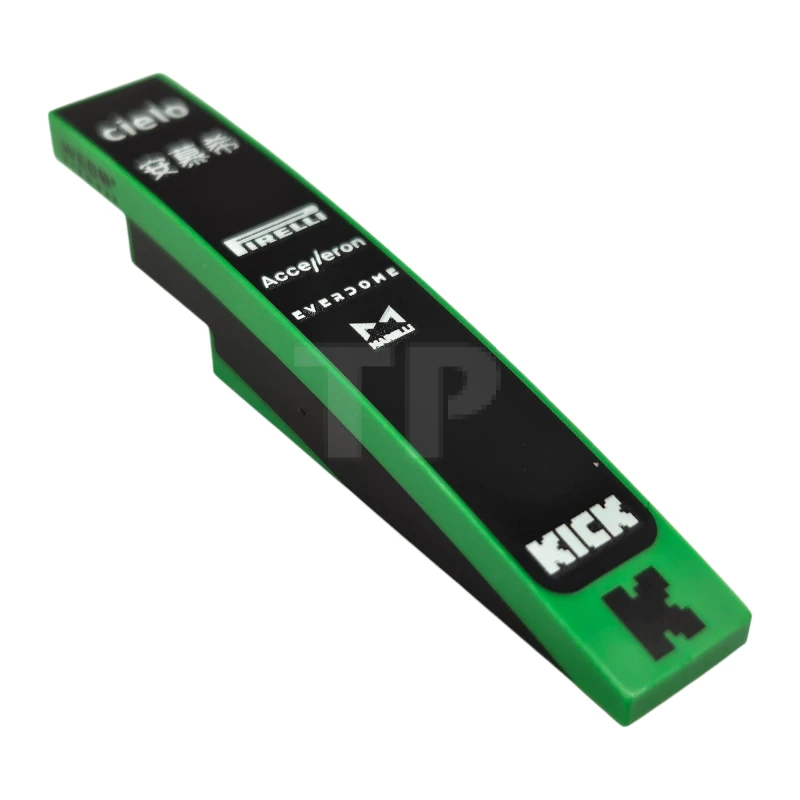 LEGO&reg; 6801pb05 - 6535251 - Slope, Curved 6 x 1 with White 'cielo', '安慕希', 'PIRELLI', 'Accelleron', 'EVERDOME', 'MARELLI' and 'KICK' Logos on Black Background, Pixelated Capital Letter K, Stripe and 'WEB EYEWEAR' on Both Sides Pattern