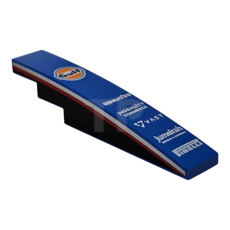 LEGO&reg; 6560651 - 6801pb08 - Slope, Curved 6 x 1 with Dark Blue and Orange Gulf Logo, 'KOMATSU', 'INGENUITY COMMERCE', 'VAST', 'Jumeirah HOTELS & RESORTS' and 'PIRELLI' Logos, Black Panels with Red and White Stripes on Both Sides Pattern