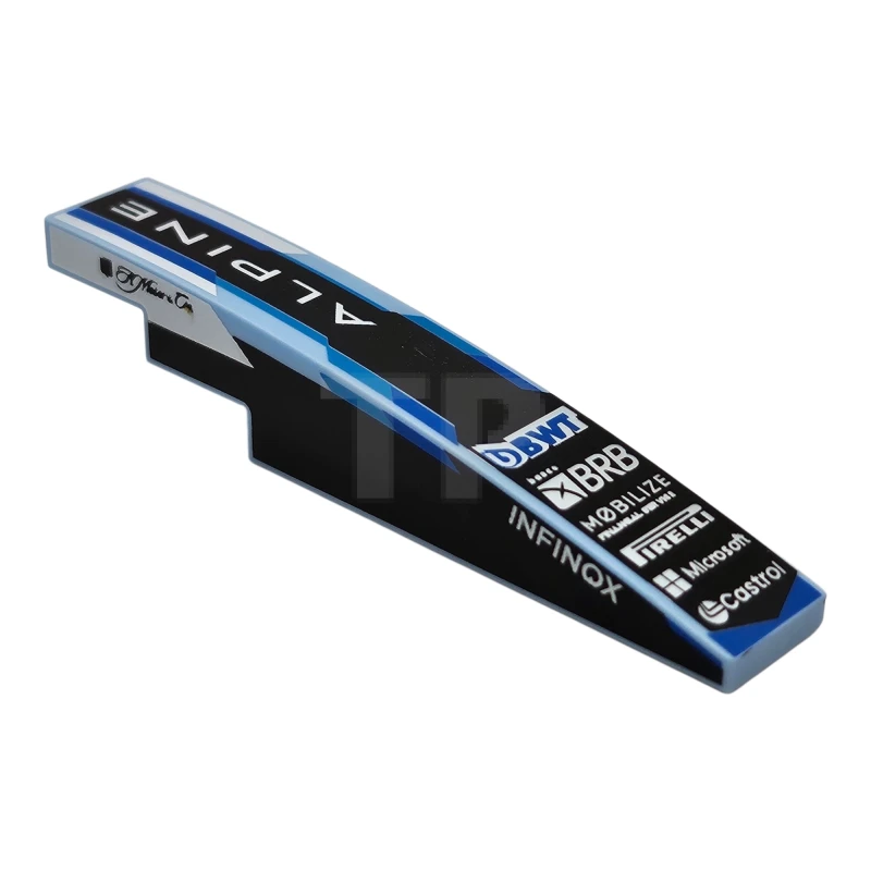 LEGO&reg; 6801pb04 - 6535260 - Slope, Curved 6 x 1 with Blue 'BWT', White 'ALPINE', 'banco BRB', 'MOBILIZE', 'PIRELLI', 'Microsoft', 'Castrol' and 'INFINOX' Logos on Black Background, Script 'H. Moser & Cie.' on Both Sides Pattern