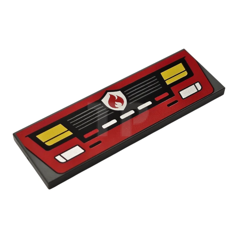 LEGO&reg; 6521207 - 69729pb162 - Tile 2 x 6 with Red Fire Engine Front End with Grille, Silver Reflectors and Fire Badge, Yellow Headlights Pattern