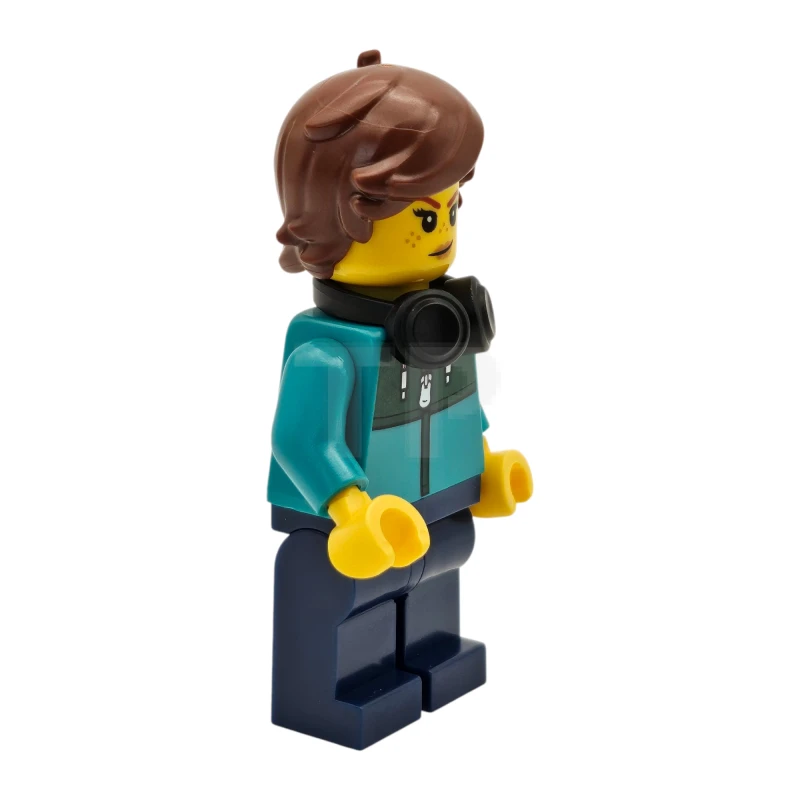 LEGO&reg; twn516 Tudor House Resident - Dark Turquoise Jacket with Dark Green Panel, Dark Blue Legs, Reddish Brown Hair Tousled, Black Headphones
