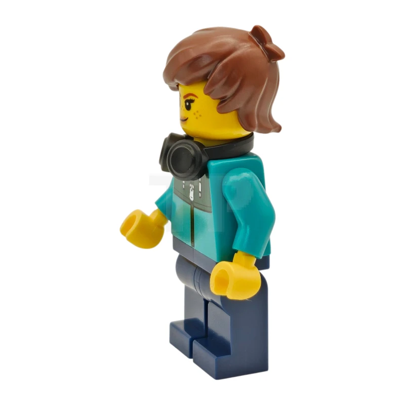 LEGO&reg; twn516 Tudor House Resident - Dark Turquoise Jacket with Dark Green Panel, Dark Blue Legs, Reddish Brown Hair Tousled, Black Headphones