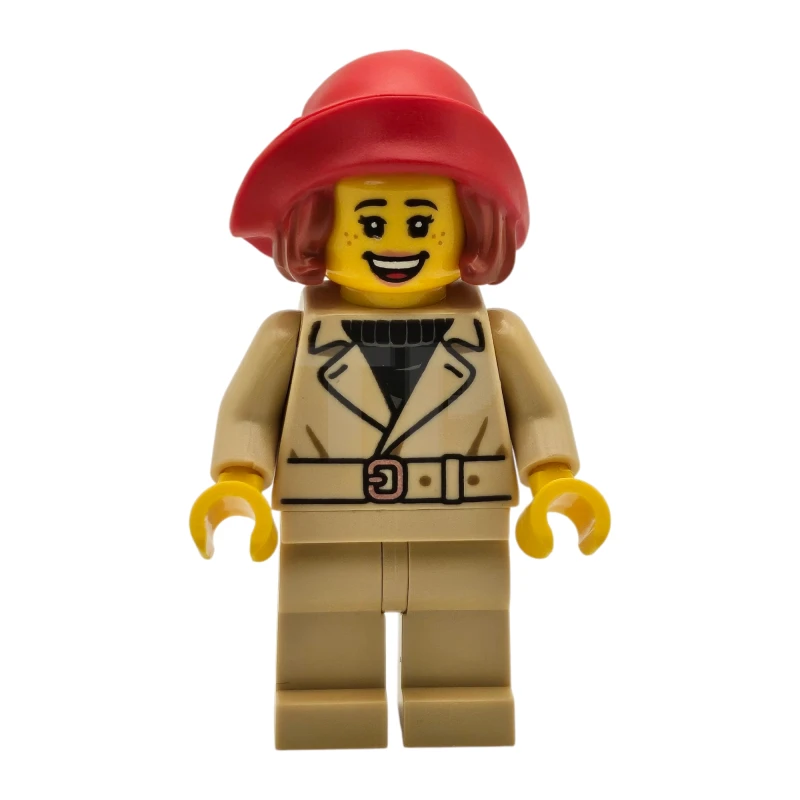 LEGO&reg; twn510 Tudor House Patron / Food Critic - Tan Jacket and Legs, Red Hat with Hair, Soft Folded Brim