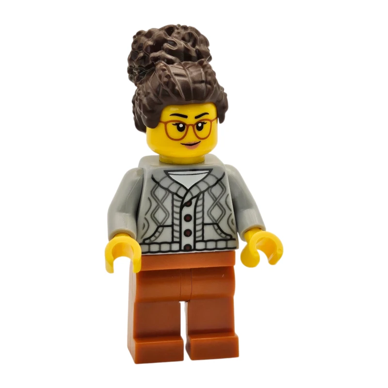 LEGO&reg; twn514 Tudor House Inn Besitzer - Hellbläulichgrauer Strickpullover, dunkelorange Beine, dunkelbraune Haare mit Dutt
