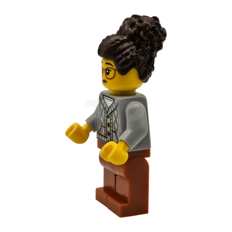 LEGO&reg; twn514 Tudor House Inn Besitzer - Hellbläulichgrauer Strickpullover, dunkelorange Beine, dunkelbraune Haare mit Dutt