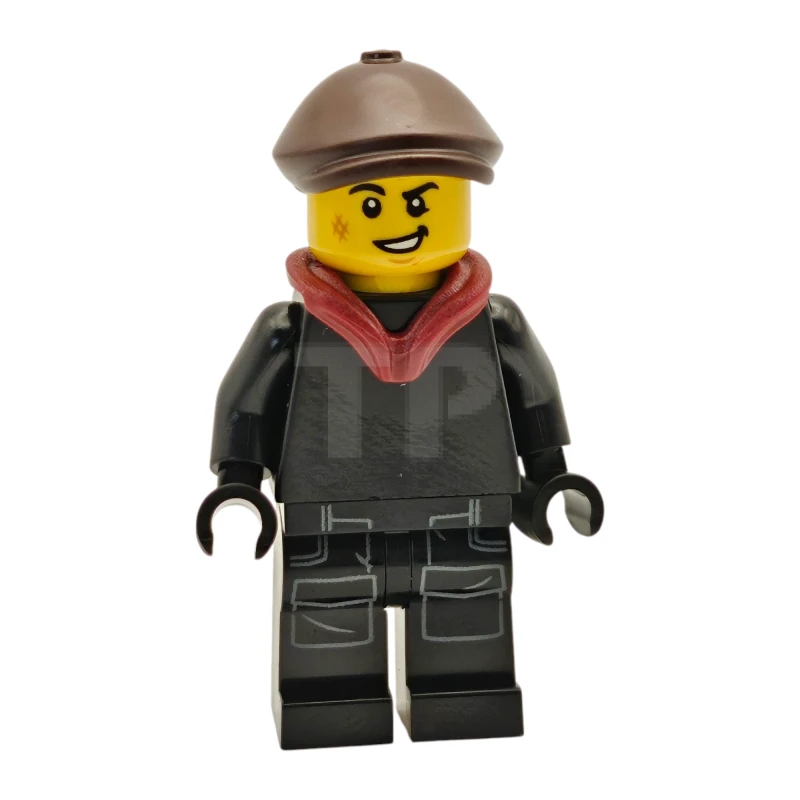 LEGO&reg; twn517 Tudor House Chimney Sweep - Black Torso and Legs with Dark Bluish Gray Pockets, Dark Brown Flat Cap, Dark Red Hood Folded Down