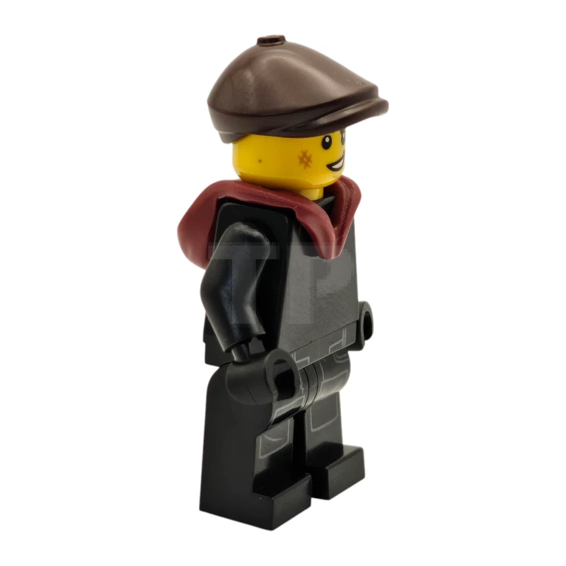 LEGO&reg; twn517 Tudor House Chimney Sweep - Black Torso and Legs with Dark Bluish Gray Pockets, Dark Brown Flat Cap, Dark Red Hood Folded Down