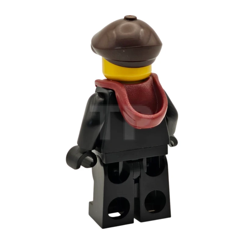 LEGO&reg; twn517 Tudor House Chimney Sweep - Black Torso and Legs with Dark Bluish Gray Pockets, Dark Brown Flat Cap, Dark Red Hood Folded Down