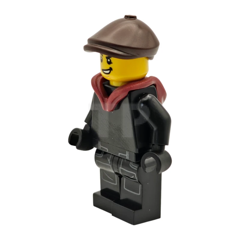 LEGO&reg; twn517 Tudor House Chimney Sweep - Black Torso and Legs with Dark Bluish Gray Pockets, Dark Brown Flat Cap, Dark Red Hood Folded Down