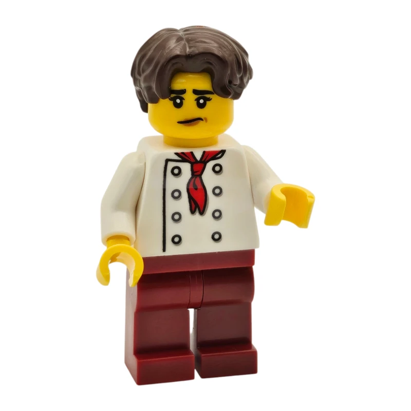 LEGO&reg; twn513 Tudor House Chef - White Torso with 8 Buttons, Dark Red Legs, Dark Brown Hair Wavy