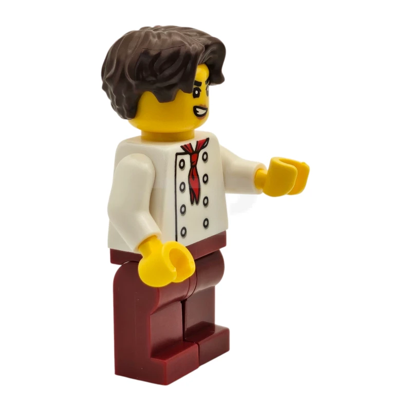 LEGO&reg; twn513 Tudor House Chef - White Torso with 8 Buttons, Dark Red Legs, Dark Brown Hair Wavy