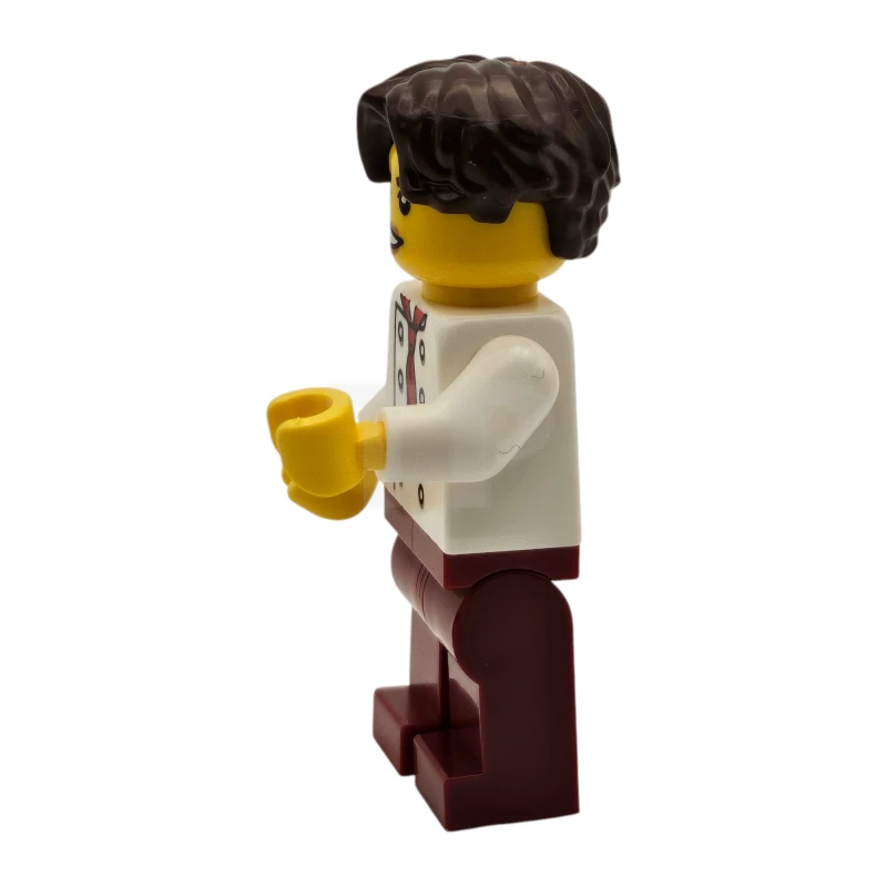 LEGO&reg; twn513 Tudor House Chef - White Torso with 8 Buttons, Dark Red Legs, Dark Brown Hair Wavy