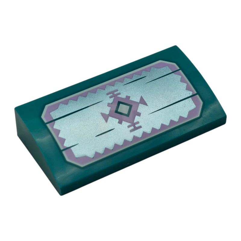 LEGO&reg; 88930pb188 - 6529235 - Slope, Curved 2 x 4 x 2/3 with Bottom Tubes with Rectangle with Cut Corners with Light Aqua Diamond and Lavender Geometric Shapes and Zigzags on Metallic Light Blue Background Pattern