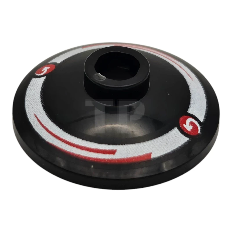 LEGO&reg; 6541377 - 4740pb037L - Dish 2 x 2 Inverted (Radar) with Red Circles with Curved Arrows MoneyGram Logos and Arcs on White Ring Pattern Model Left Side