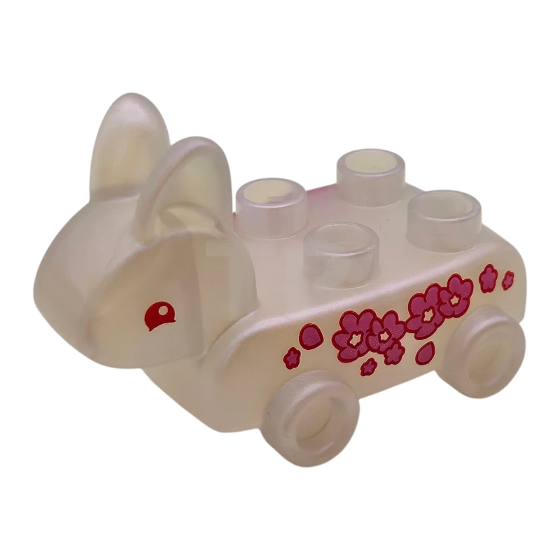 LEGO&reg;  - 2763pb01 - Duplo Pull Toy Bunny / Rabbit on Wheels with Red Eyes and Dark Pink Flowers Pattern