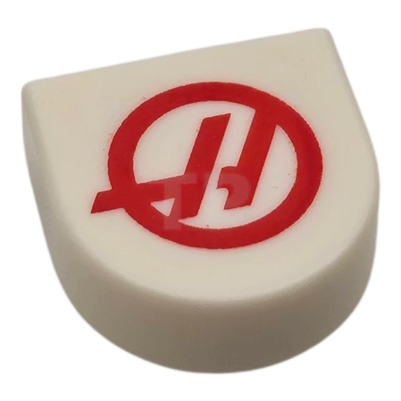 LEGO&reg; 24246pb055 - 6541375 - Tile, Round 1 x 1 Half Circle Extended with Red Haas Formula 1 Logo Stylized Capital Letter H in Circle Pattern