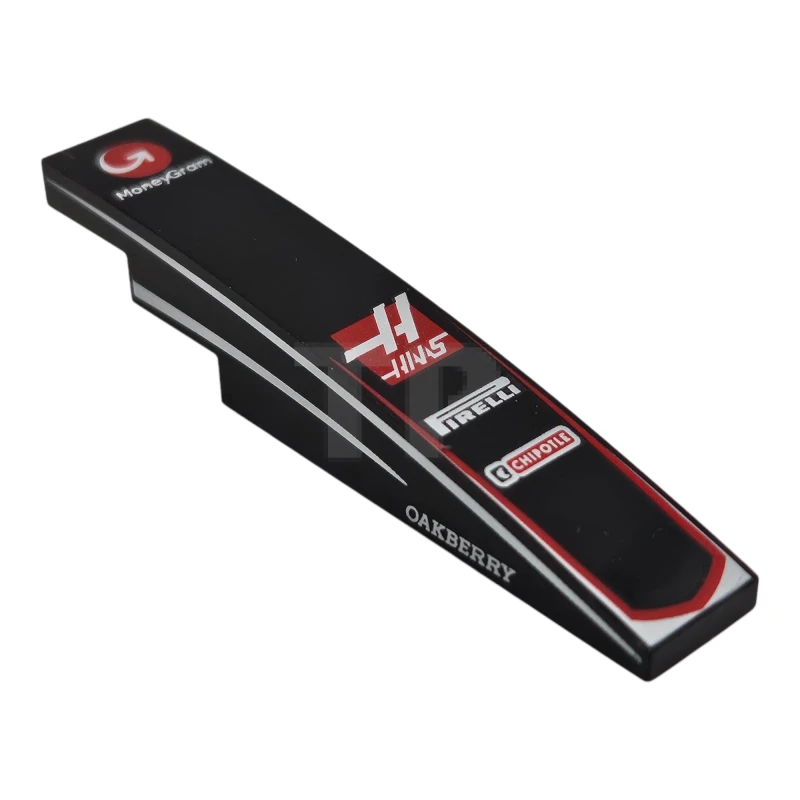 LEGO&reg; 6801pb07 - 6544988 - Slope, Curved 6 x 1 with Red and White 'MoneyGram', 'HAAS', 'PIRELLI', 'CHIPOTLE' and 'OAKBERRY' Logos, Stripes on Both Sides Pattern