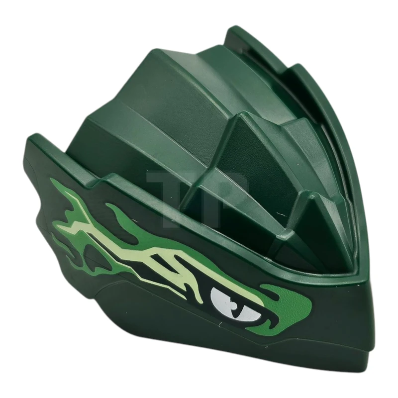 LEGO&reg; 6518767 - 4921pb03 - Testa di drago (Ninjago) con parte superiore a gradini e foro per il pin sul retro con occhi bianchi, marcature energetiche verde brillante e verde giallastro