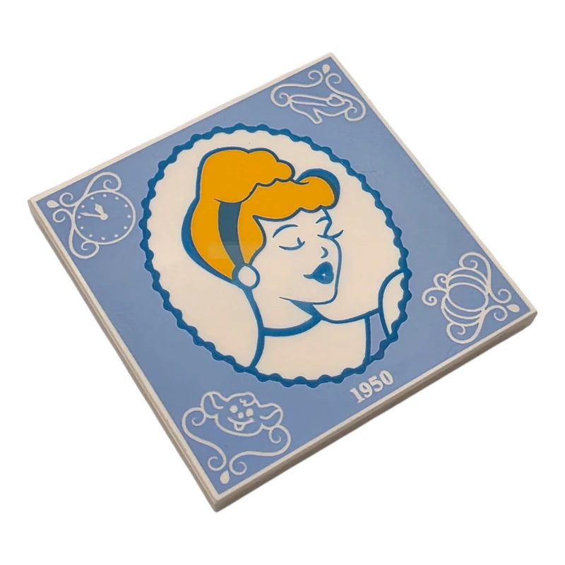 LEGO&reg; 6524467 - 1751pb036 - Tile 4 x 4 with Bright Light Orange and Dark Azure Cinderella Portrait in Oval Frame with White Filigree, '1950', Clock Face, Glass Slipper, Gus and Pumpkin on Bright Light Blue Background Pattern