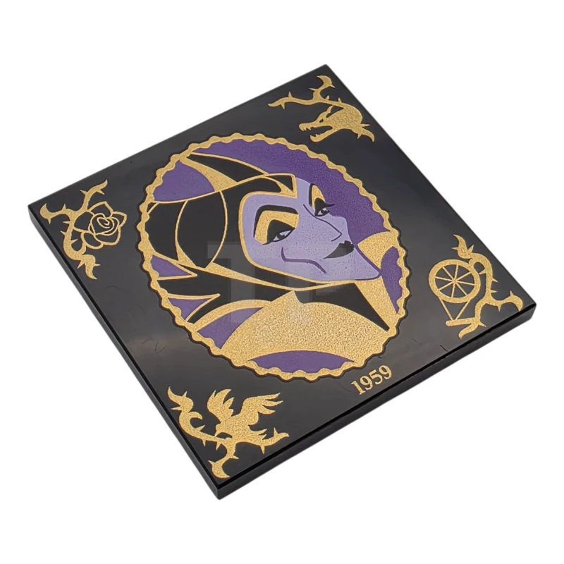 LEGO&reg; 6530458 - 1751pb037 - Tile 4 x 4 with Lavender and Dark Purple Maleficent Portrait in Scalloped Oval Frame with Gold Filigree, '1959', Rose, Dragon, Raven Diablo and Spinning Wheel Pattern