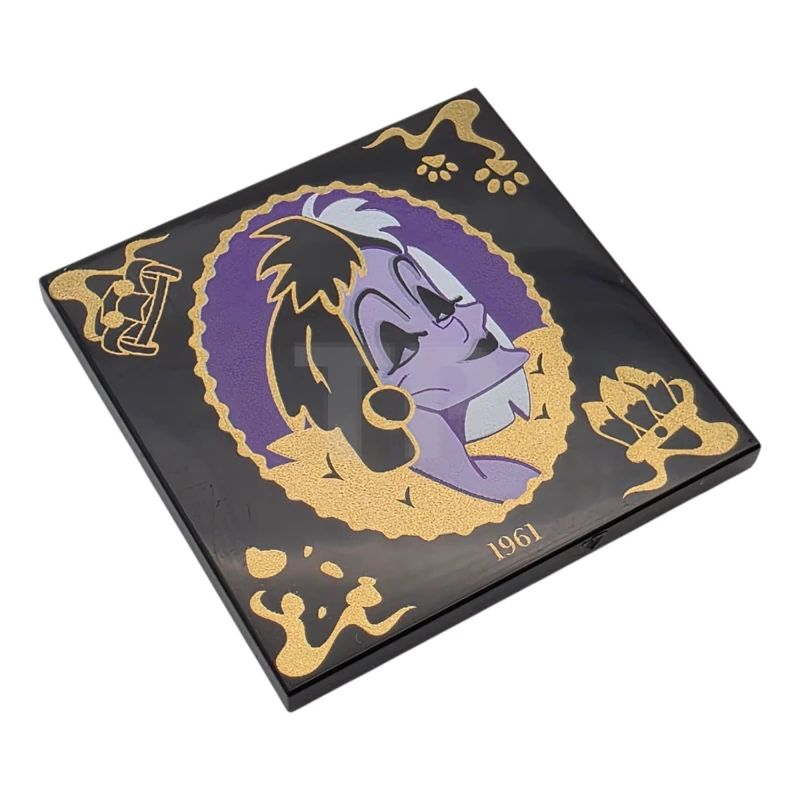 LEGO&reg; 6524481 - 1751pb038 - Tile 4 x 4 with Lavender and Dark Purple Cruella De Vil Portrait in Scalloped Oval Frame with Gold Filigree, '1961', Panther De Ville Car, Dalmatian Dog Paws, Spots and Tails Handbag Pattern