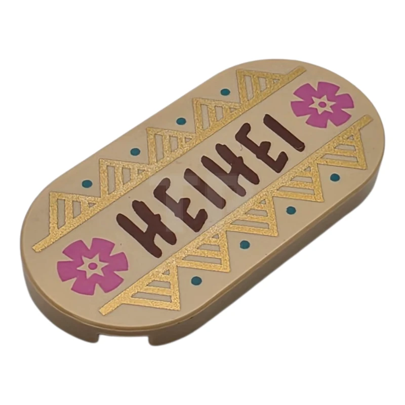 LEGO&reg; 6521961 - 66857pb088 - Tile, Round 2 x 4 Oval with Reddish Brown 'HEIHEI', Dark Pink Flowers, Dark Turquoise Dots and Gold Mountains Pattern