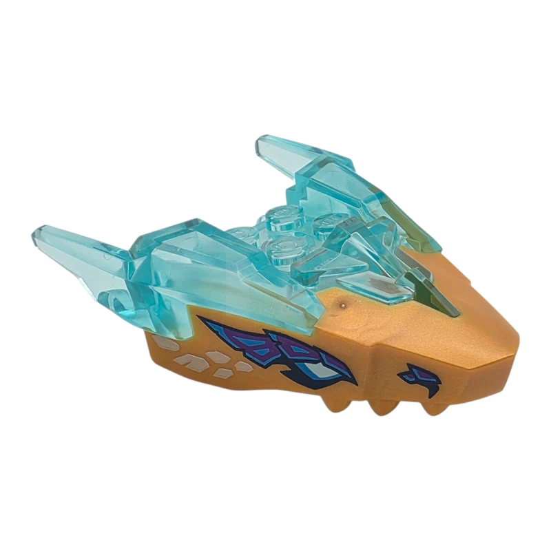LEGO&reg; 6542492 - 82276pb09 - Dragon Head (Ninjago) Jaw Upper with Horns with Molded Pearl Gold Face and Printed Light Aqua and Dark Azure Eyes, Dark Purple Rock Eyebrows and Nostrils, Tan Scales Pattern