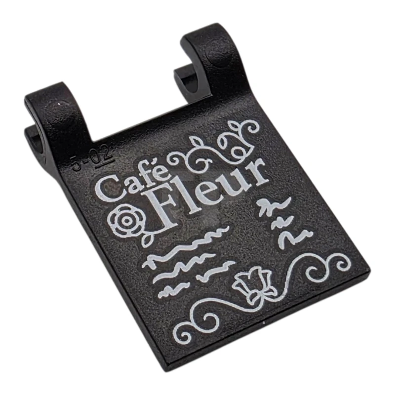 LEGO&reg; 6522783 - 80326pb027 - Flag 2 x 2 Square with Flared Edge with White 'Café Fleur' (Cafe), Flowers and Scribbles Pattern on Both Sides