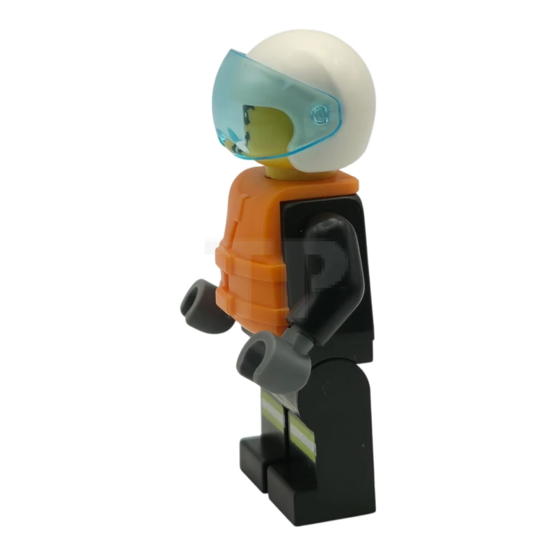 LEGO&reg; cty1549 Fire - Male, Black Jacket and Legs with Reflective Stripes and Red Collar, White Helmet, Trans-Light Blue Visor, Orange Life Jacket
