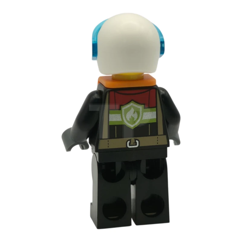 LEGO&reg; cty1549 Fire - Male, Black Jacket and Legs with Reflective Stripes and Red Collar, White Helmet, Trans-Light Blue Visor, Orange Life Jacket