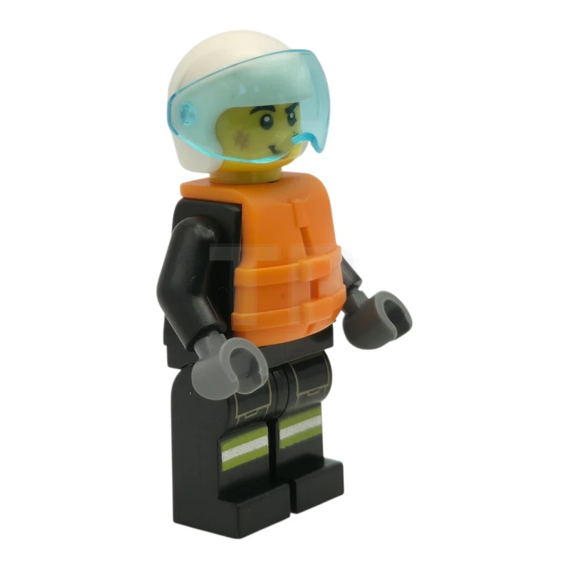 LEGO&reg; cty1549 Fire - Male, Black Jacket and Legs with Reflective Stripes and Red Collar, White Helmet, Trans-Light Blue Visor, Orange Life Jacket