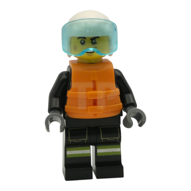 LEGO&reg; cty1549 Fire - Male, Black Jacket and Legs with Reflective Stripes and Red Collar, White Helmet, Trans-Light Blue Visor, Orange Life Jacket