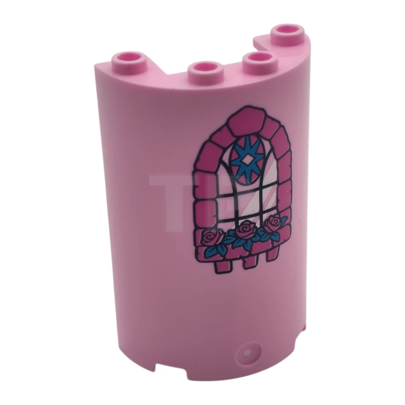 LEGO&reg; 6422038 - 85941pb027 - Cylinder Half 2 x 4 x 5 with 1 x 2 Cutout with Dark Pink Bricks and Flowers, Dark Azure Leaves and Star and Black Window Frame Pattern