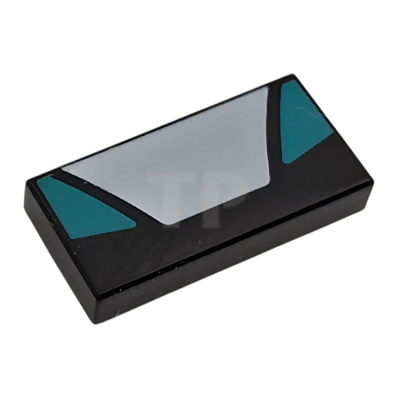 LEGO&reg; 6523185 - 3069pb1369 - Tile 1 x 2 with White Trapezoid in Center and Dark Turquoise Triangular Panels on Sides Pattern