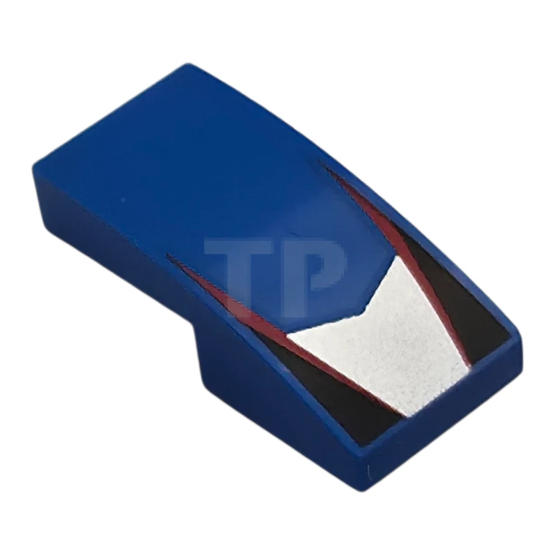 LEGO&reg; 11477pb219 - 6523192 - Slope, Curved 2 x 1 x 2/3 with Silver V-Shaped Center Panel, Red Stripes, Black Triangles Pattern