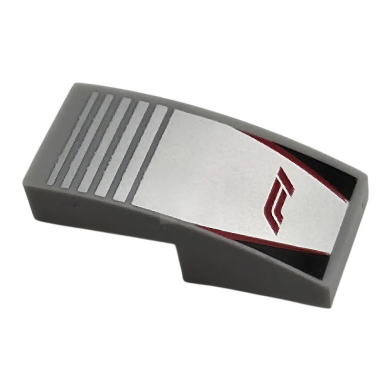 LEGO&reg; 6523221 - 11477pb220 - Slope, Curved 2 x 1 x 2/3 with Formula 1 Logo Stylized Red 'F1' on Silver Background with Notches, Red Stripes, Black Triangles Pattern