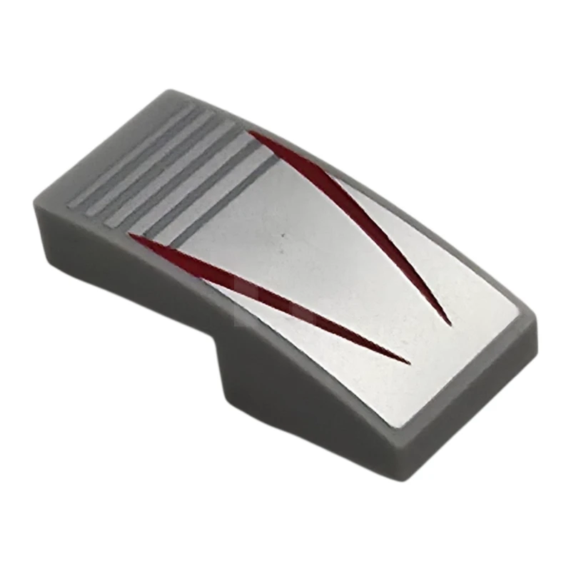 LEGO&reg; 11477pb221 - 6523222 - Slope, Curved 2 x 1 x 2/3 with 2 Red Stripes on Silver Background with Notches Pattern