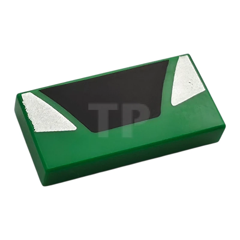 LEGO&reg; 6523199 - 3069pb1361 - Tile 1 x 2 with Black Trapezoid in Center and Silver Triangular Panels on Sides Pattern